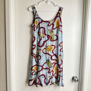 Vintage Kahala Dress Sz 10 Hawaiian Drinks Print V Neck Sleeveless Blue Sundress